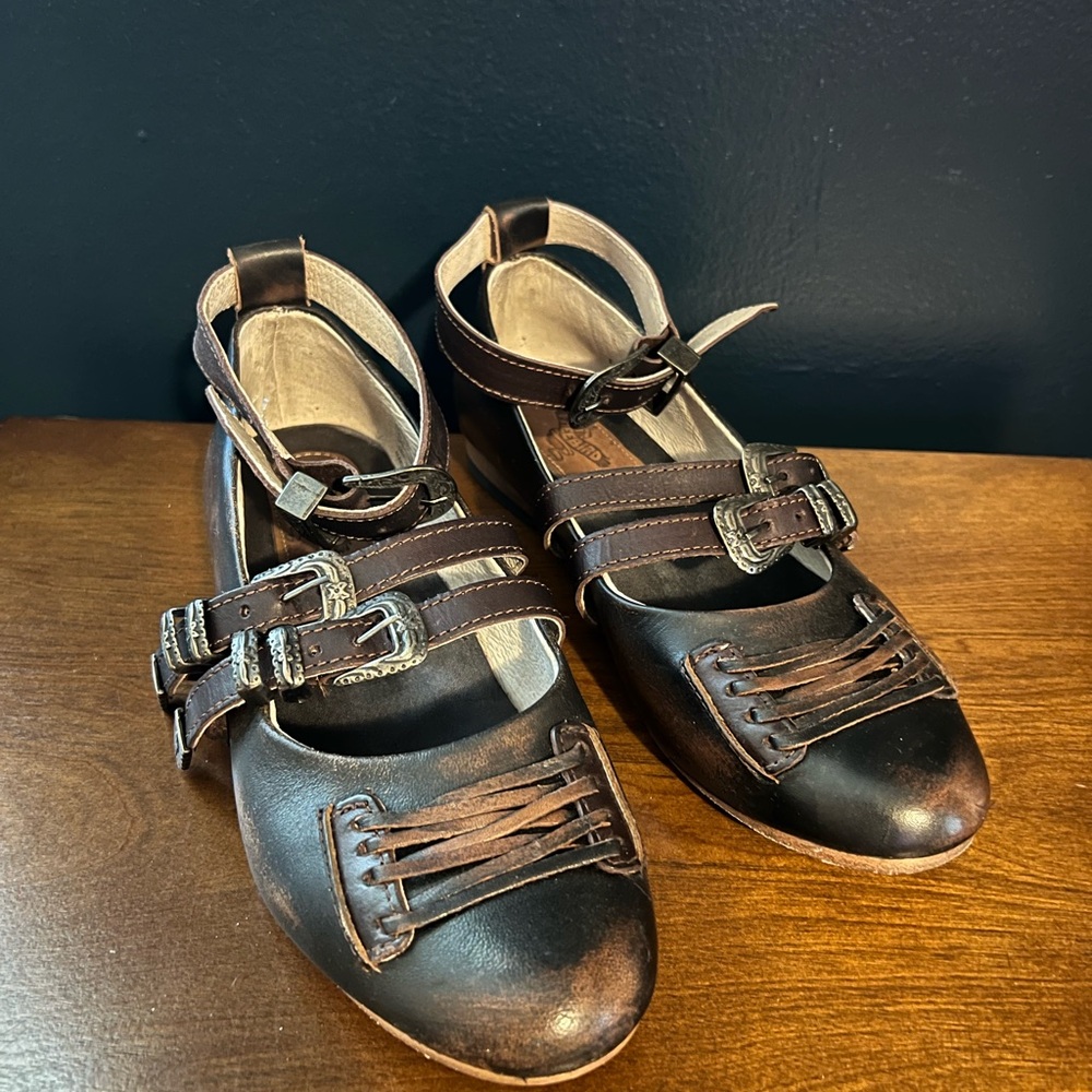 Freebird Bentley Brown Leather Flats with Buckle Detail